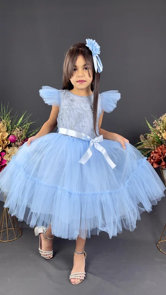 Roza Dantel Tütü Kız Çocuk Abiye Elbise MNK0546 - Resim 7