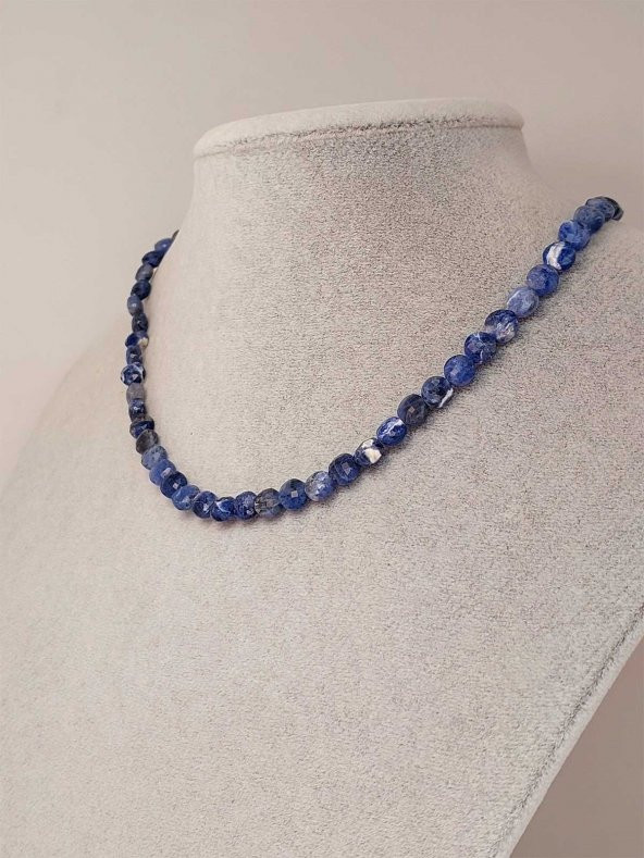 Sodalit Taşı YASSI Faset Kesim Kolye 6x4mm (Sabit Klipsli) - Resim 2