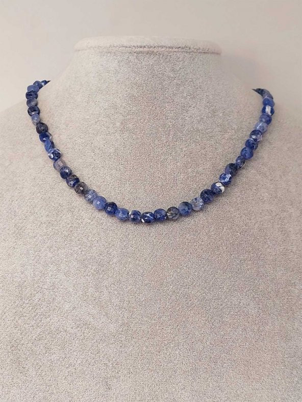 Sodalit Taşı YASSI Faset Kesim Kolye 6x4mm (Sabit Klipsli) - Resim 3