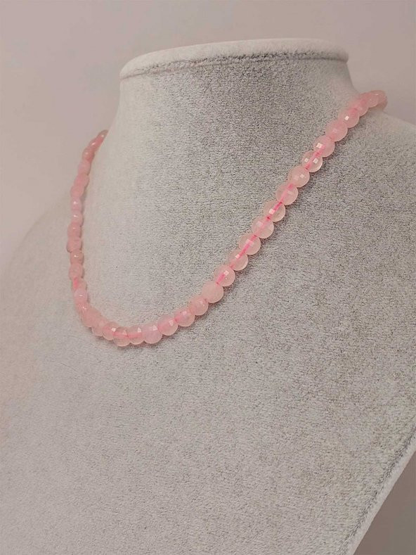 Pembe Kuvars Taşı YASSI Faset Kesim Kolye 6x4mm (Sabit Klipsli) ürün görseli 1