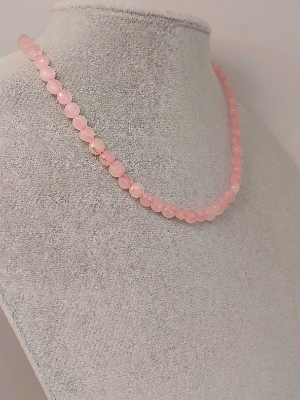 Pembe Kuvars Taşı YASSI Faset Kesim Kolye 6x4mm (Sabit Klipsli) - Resim 2