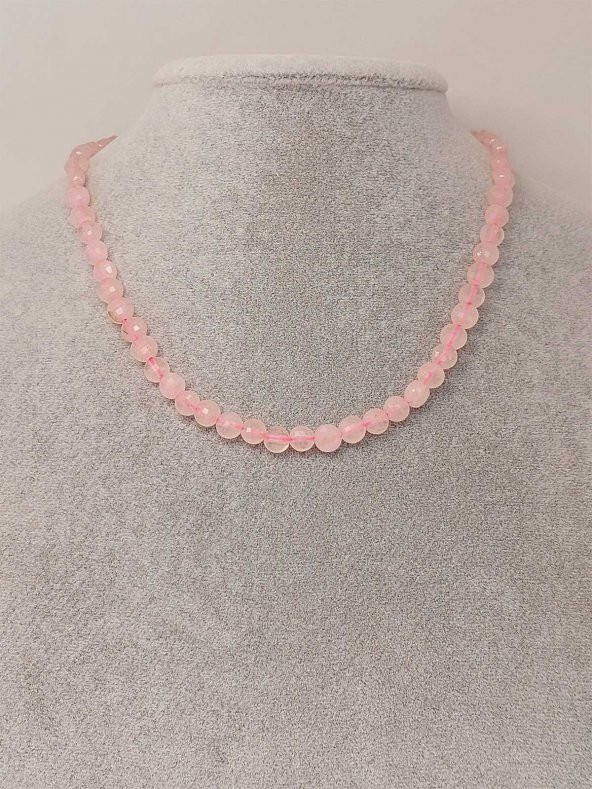 Pembe Kuvars Taşı YASSI Faset Kesim Kolye 6x4mm (Sabit Klipsli) - Resim 3