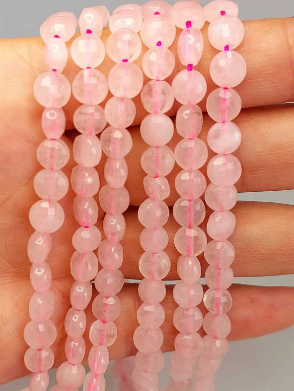 Pembe Kuvars Taşı YASSI Faset Kesim Kolye 6x4mm (Sabit Klipsli) - Resim 5