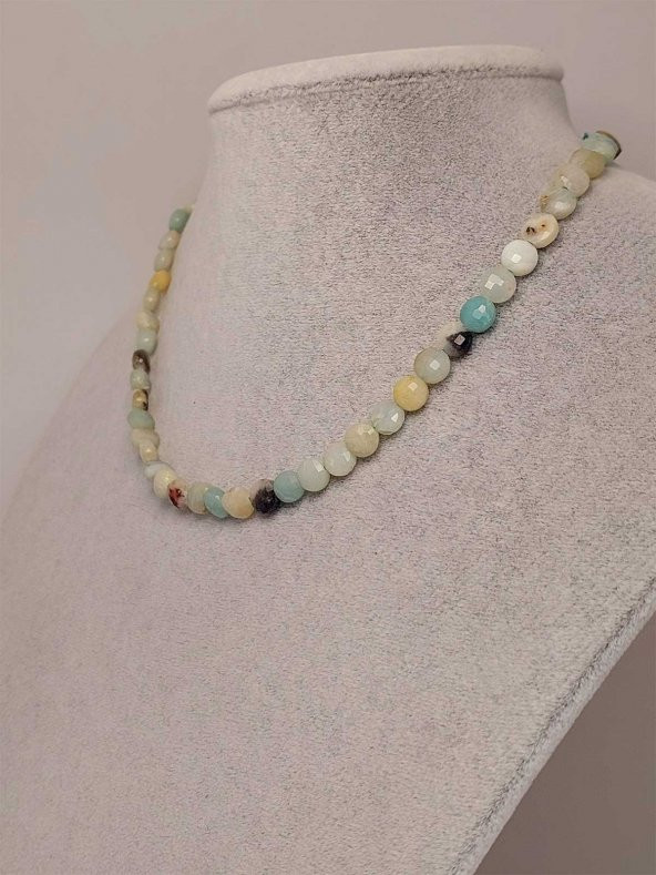 Amazonit Taşı YASSI Faset Kesim Kolye 6x4mm (Sabit Klipsli) - Resim 2