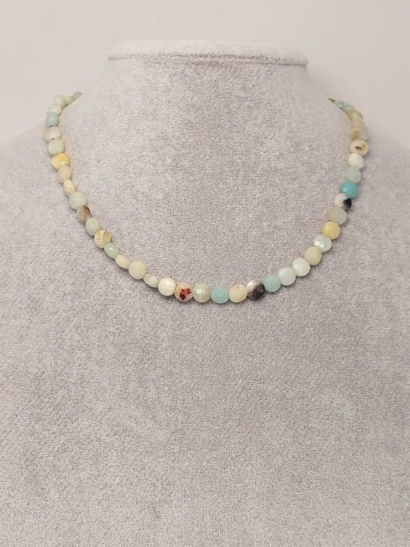 Amazonit Taşı YASSI Faset Kesim Kolye 6x4mm (Sabit Klipsli) - Resim 3