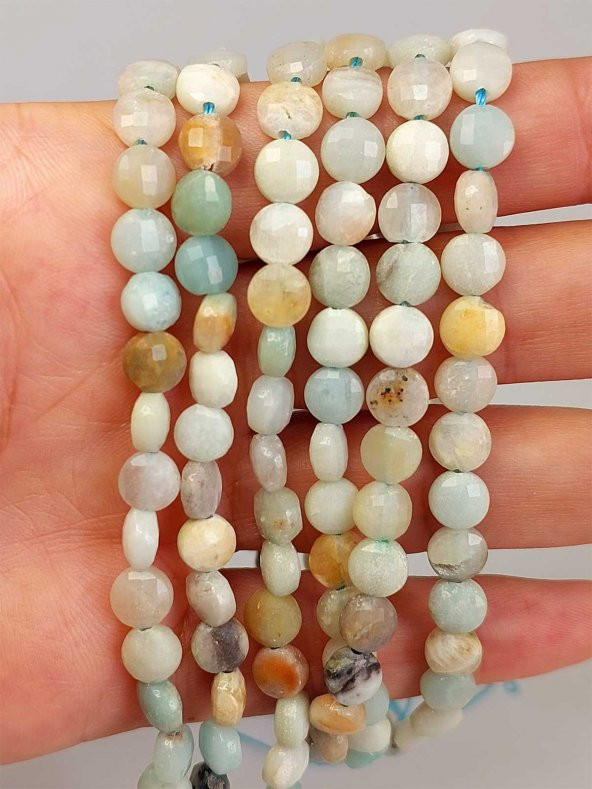 Amazonit Taşı YASSI Faset Kesim Kolye 6x4mm (Sabit Klipsli) - Resim 5