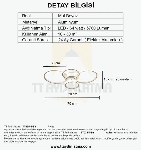 TT Aydınlatma TT035-4-BY  Drone Modeli Mat Beyaz 4 lü Led Avize - Resim 5