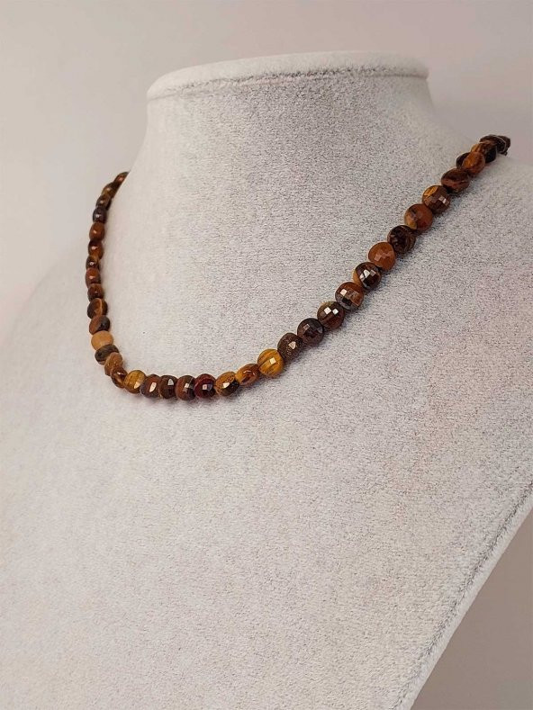 Kaplan Gözü Taşı YASSI Faset Kesim Kolye 6x4mm (Sabit Klipsli) - Resim 2