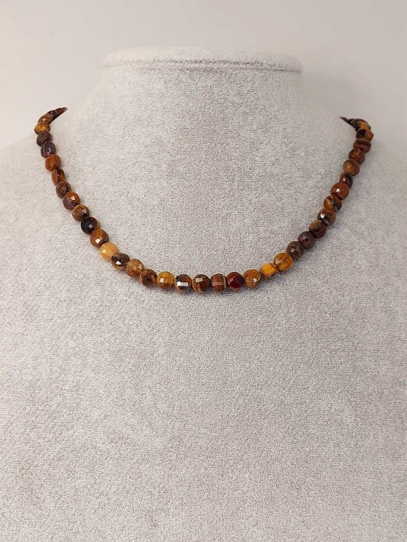 Kaplan Gözü Taşı YASSI Faset Kesim Kolye 6x4mm (Sabit Klipsli) - Resim 3