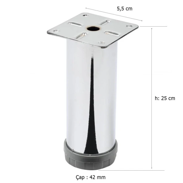 4 Adet Mobilya Ayağı Metal 25 cm Alttan Ayarlı 42 mm Krom Ayak - 2