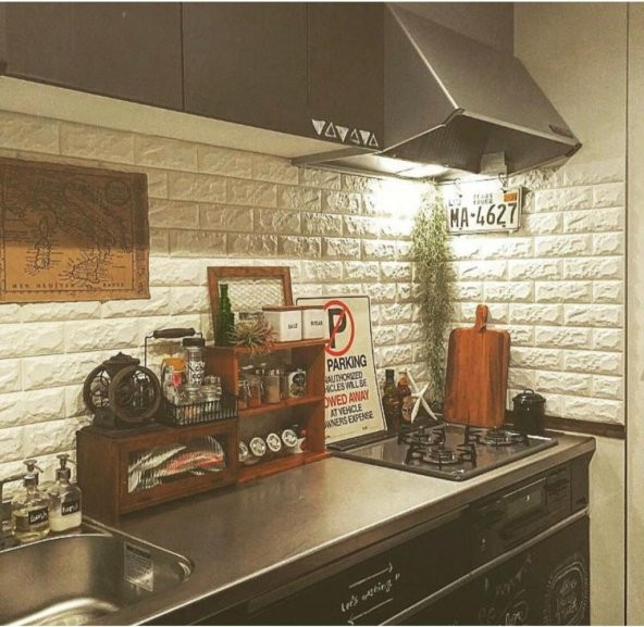 70x77cm Krem Mutfak Tezgah Arası 3d Kendinden Yapışkanlı  Sünger Tuğla Duvar Kaplama Paneli Kağıdı