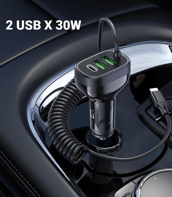 Polham HC Seri 150CM 30W 2x USB,1x Type-C Girişli iPhone Lightning Kablolu Araç Çakmaklık Şarj Aleti - 3