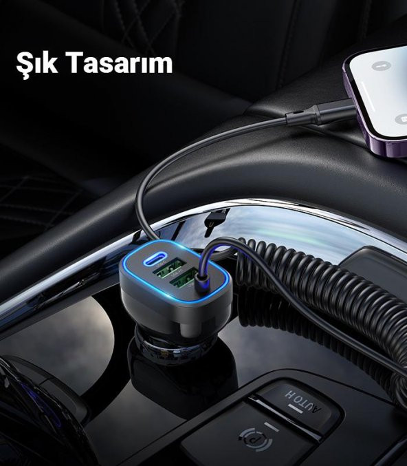 Polham HC Seri 150CM 30W 2x USB,1x Type-C Girişli iPhone Lightning Kablolu Araç Çakmaklık Şarj Aleti - 4