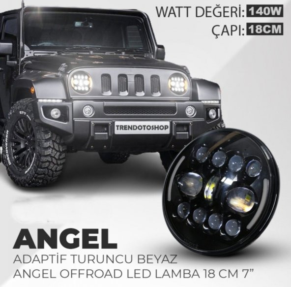 18 Cm 7” Turuncu Beyaz Angel Adaptif Far Angel 8 Modlu Offroad Led Lamba Drl