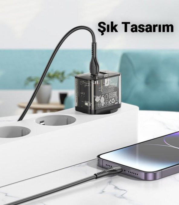 Polham 20W 1x USB,1x Type-C Şarj Başlığı, 1MT iPhone Lightning Kablolu Süper Hızlı Şarj Adaptör Seti - 4