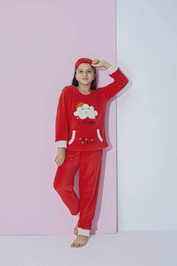 Kız Genç Ve Çocuk Güneş ve Bulut  Desenli Uzun Kollu Polar Peluş Kumaş Kışlık Sıcak Tutan Pijama Takımı 2427 N