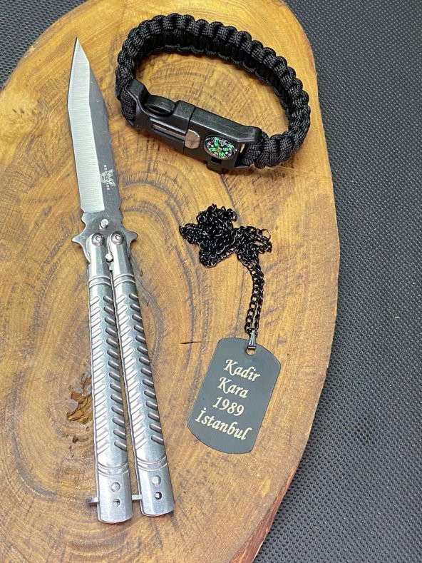 21 cm Kelebek + Paracord Bileklik + Asker Künye Seti