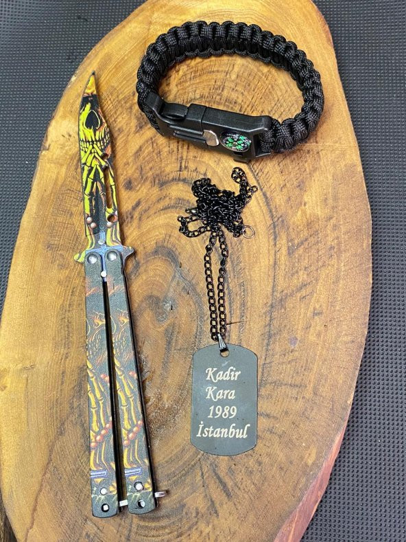 21 cm Desenli Kelebek + Asker Künye + Paracord Bileklik Seti