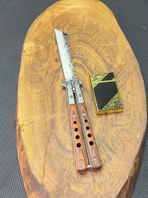 21 cm Ahşap Ustura Kelebek + Dupont Tarz Çakmak Seti