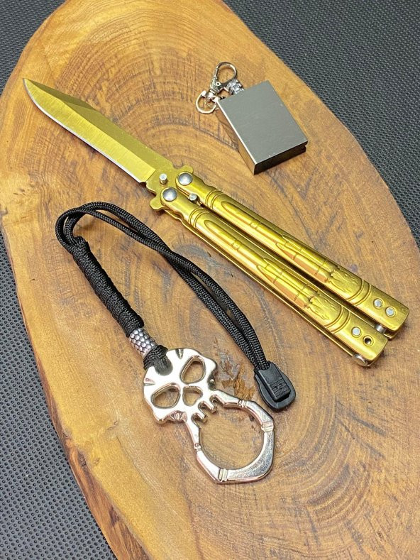 21 cm Gold Kelebek + İpli Musta + Zippo Kibrit Çakmak Seti