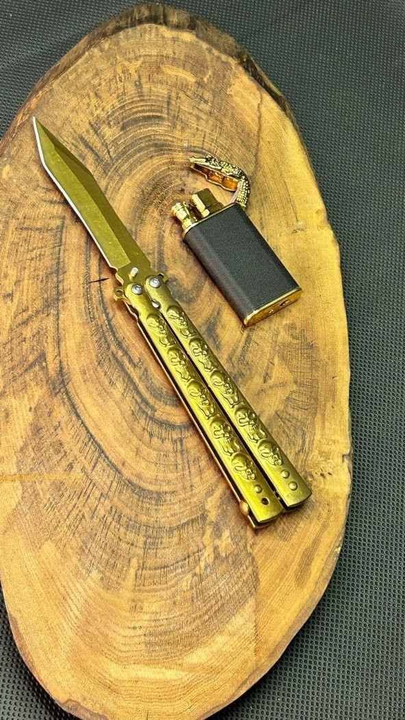 Kişiye Özel Gold renk Kelebek ve Ejder Çakmak Seti