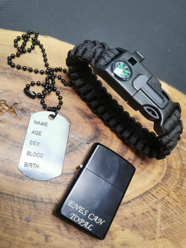 İsme Özel İpli Pusula Bileklik Kolye ve Zippo Çakmak