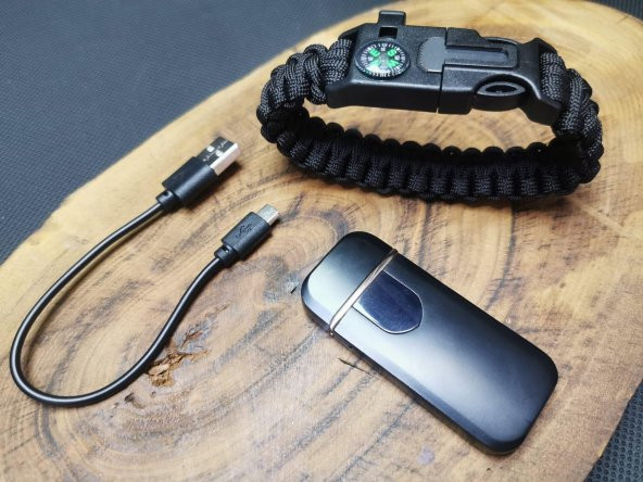 İsme Özel İpli Pusula Bileklik ve Şarjlı Elektronik Çakmak