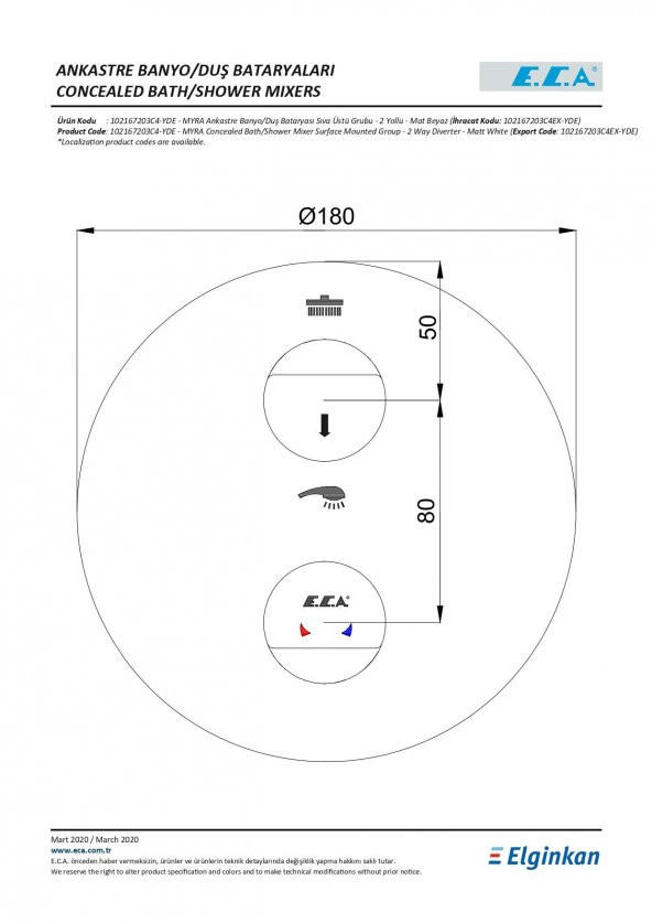 Eca Myra Ankastre Mat Beyaz Banyo Bataryası 2 Parça Set / 2 Yollu (102167203C4-YDE+102166201C4) - Resim 3
