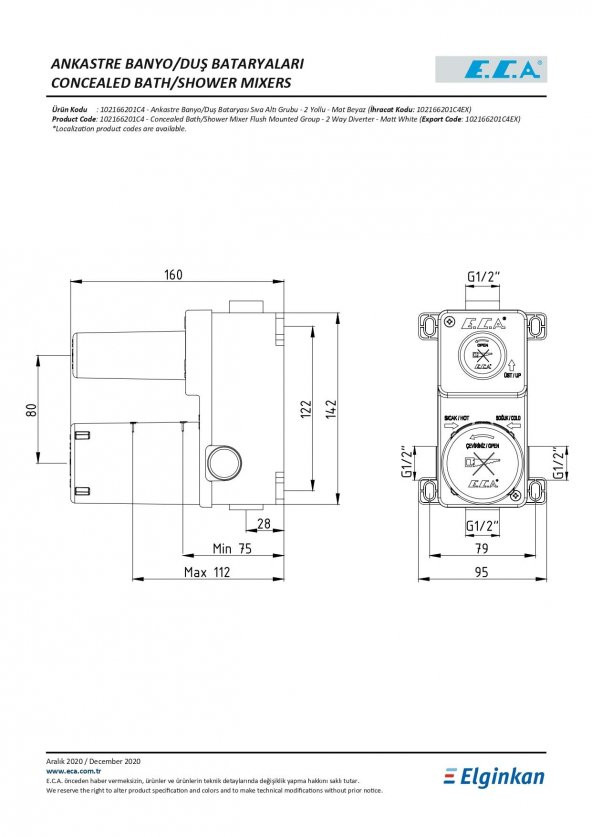 Eca Myra Ankastre Mat Beyaz Banyo Bataryası 2 Parça Set / 2 Yollu (102167203C4-YDE+102166201C4) - Resim 5