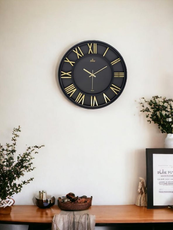 Galaxy Premium Serisi Modern Tasarımlı Roma Rakamlı 40 cm Duvar Saati Siyah-Gold - Resim 3