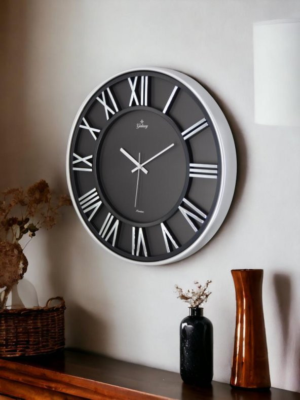 Galaxy Premium Serisi Modern Tasarımlı Roma Rakamlı 40 cm Duvar Saati Siyah-Gri - Resim 2
