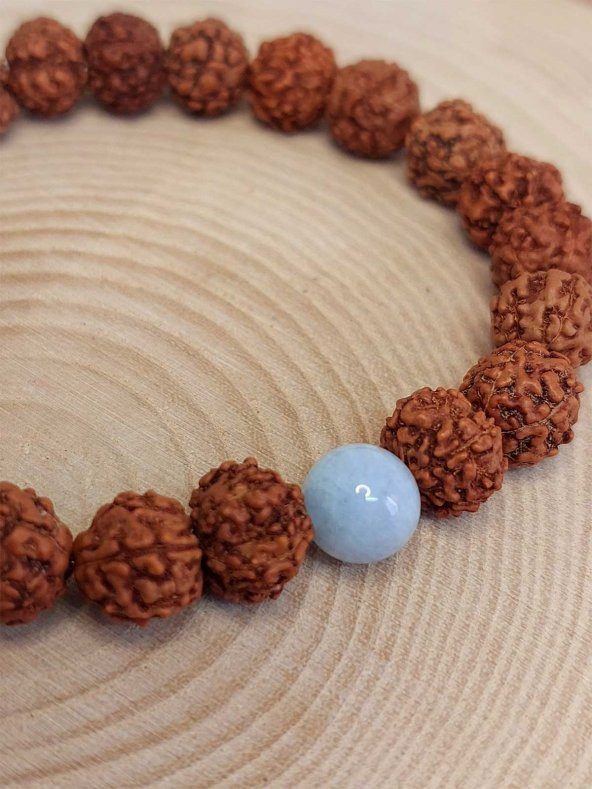 Akuamarin Taşlı Rudraksha Tohum Bileklik 8mm - Resim 2