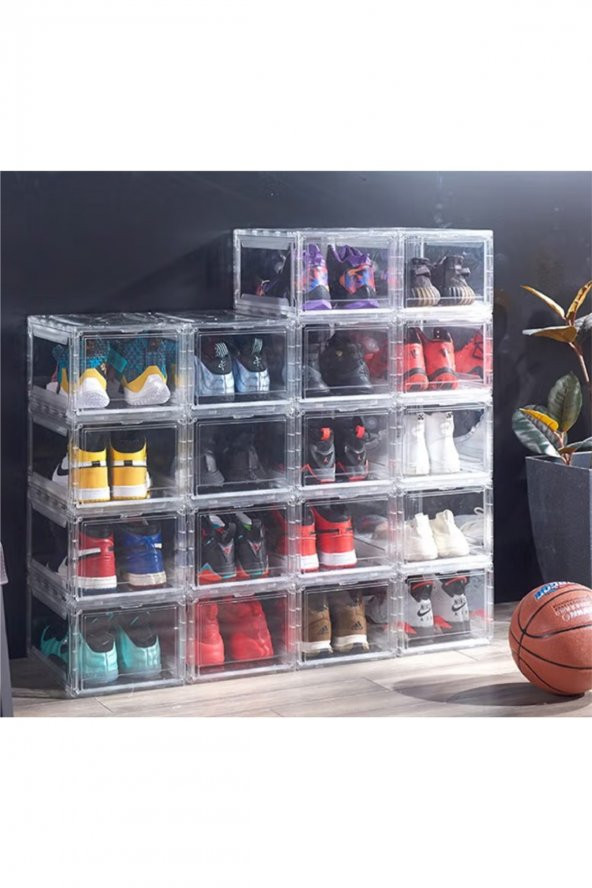 6 Adet Şeffaf Istiflenebilir Ön Kapaklı Kalın Plastik Ayakkabı Saklama Kutusu  Sneaker Box