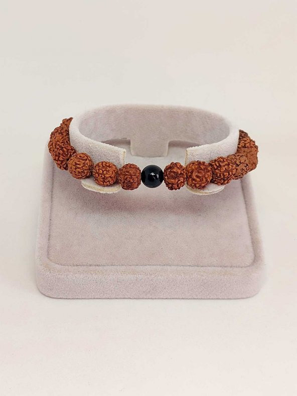 Obsidyen Taşlı Rudraksha Tohum Unisex Bileklik 8mm - Resim 2