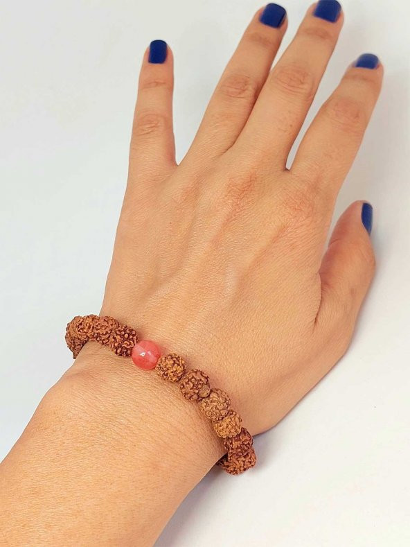 Gül Kuvars Taşlı Rudraksha Tohum Unisex Bileklik 8mm ürün görseli