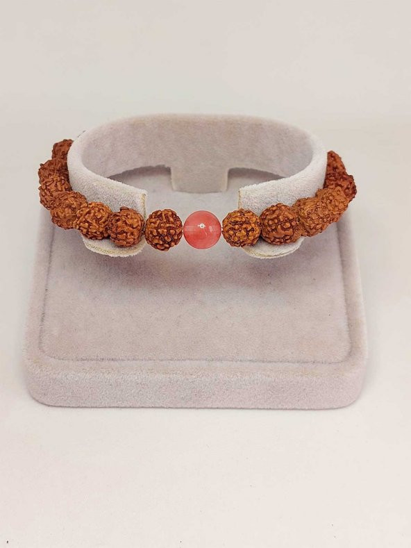 Gül Kuvars Taşlı Rudraksha Tohum Unisex Bileklik 8mm - Resim 2