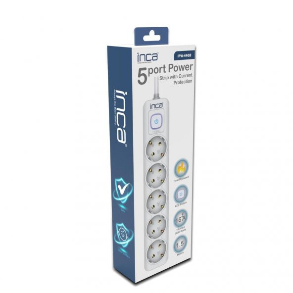INCA IPW-44GB 5li Akım Korumalı Led Tuşlu Priz 1,5M Beyaz - 2