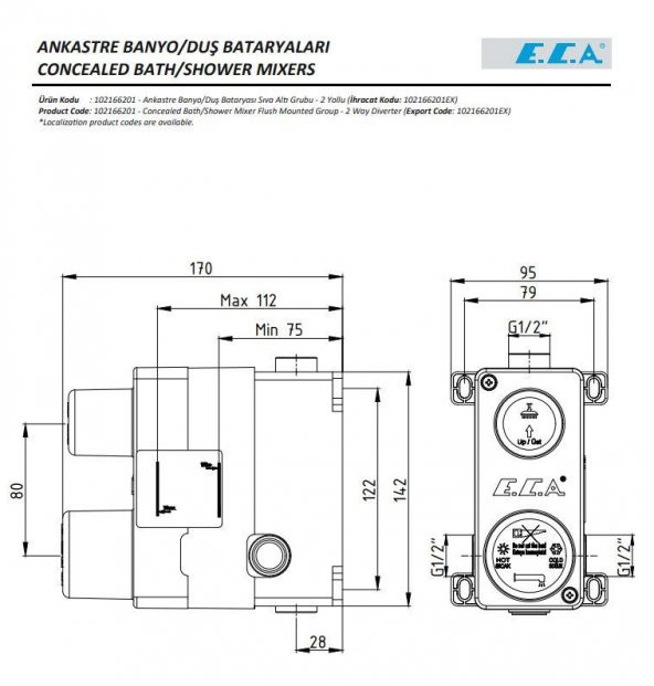Eca Icon Ankastre Banyo Bataryası 2 Parça Set / 2 Yollu (102167201H-KDE+102166201) - Resim 5