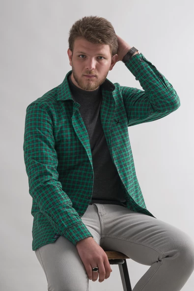 Dorss Slimfit Pamuklu Bitik Kareli Kışlık Kalın Kumaş Erkek Gömlek - Resim 11