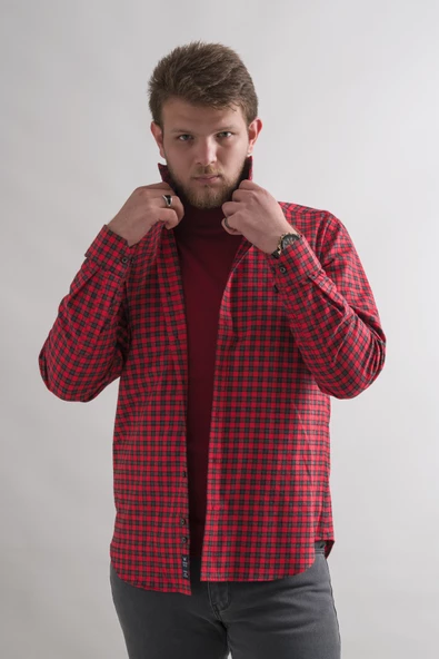 Dorss Slimfit Pamuklu Bitik Kareli Kışlık Kalın Kumaş Erkek Gömlek - Resim 7