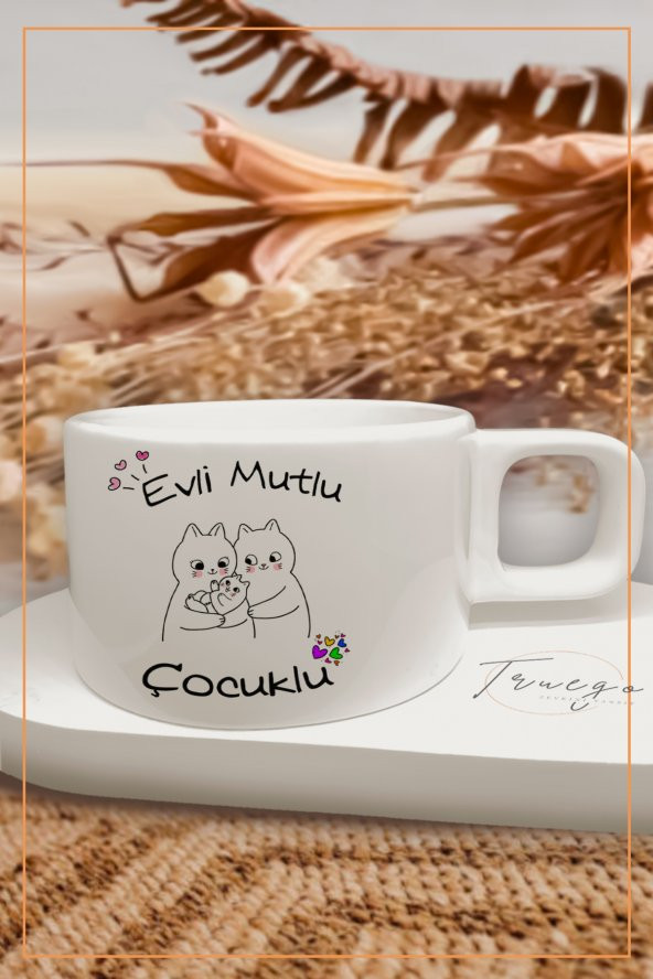 Baskılı Filtre Kahve Fincanı Kupa Bardak Seramik Mug - Evli Mutlu Çocuklu