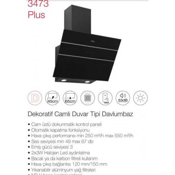 Esty 3473 Plus 60 cm  Siyah Dekoratif Cam Davlumbaz - 2