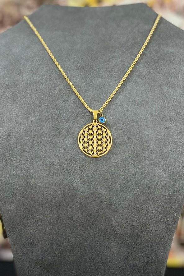 TOPTANBULURUM Altın Kaplama Kalın Zincir Nazar Boncuklu Çelik Hayat Ağacı Kolye 40 cm - 3