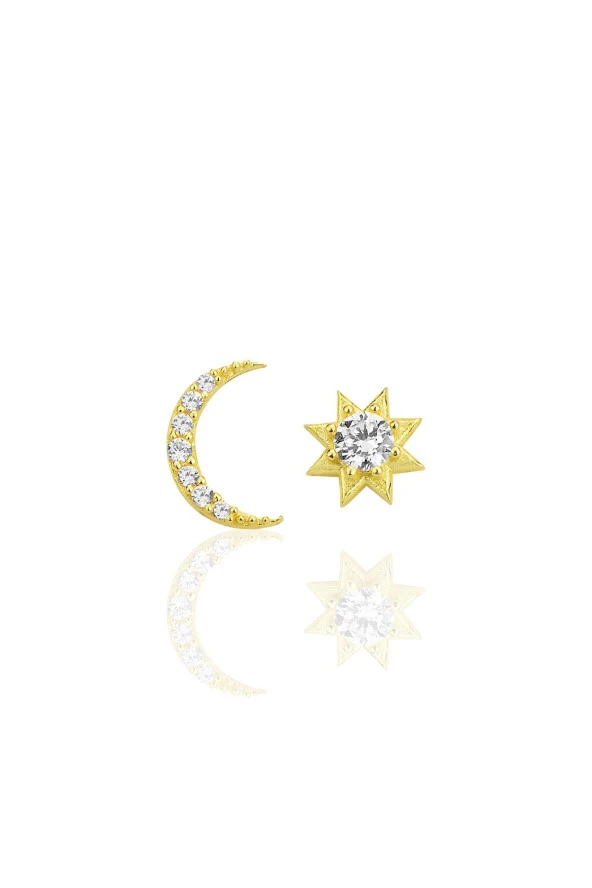 Gümüş altın yaldızlı zirkon taşlı ay ve güneş kombin küpe SGTL12257GOLD - 1
