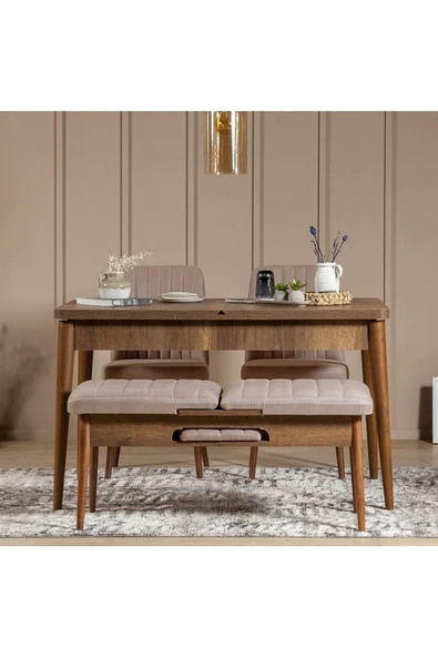 ZEYTUN Palermo Benchli Yemek Masası Takımı Ceviz Taş - 2