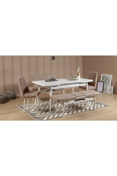 ZEYTUN Paris Banklı Yemek Masası Takımı Beyaz Taş - 2