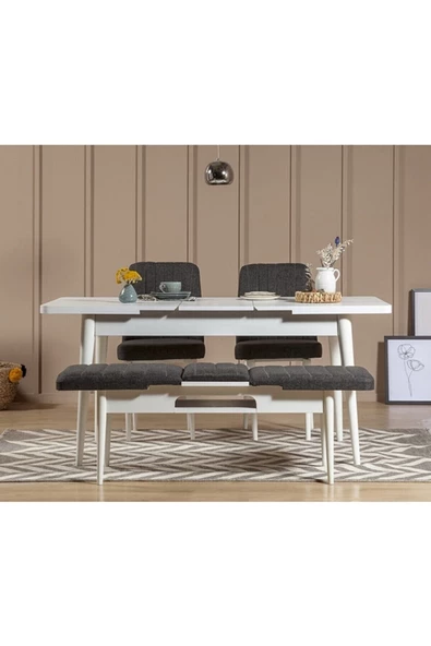 ZEYTUN Palermo Benchli Yemek Masası Takımı Beyaz Antrasit - 2