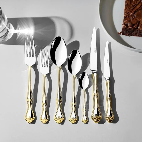 Nehir Lalezar Altın Sade 12 Kişilik 89 Parça Kutulu Çatal Kaşık Bıçak Takımı ürün görseli 1