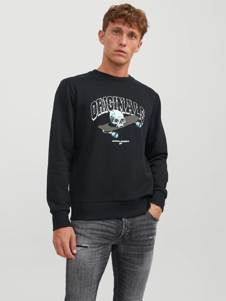 JACK JONES Erkek Kuru Kafa Baskılı Bisklet Yaka Sweatshirt 12244220