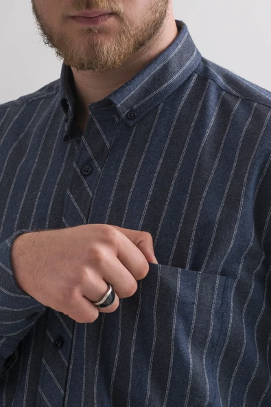 Rahat Kesim Cepli Yaka Düğmeli Çizgili Kışlık Kumaş Erkek Gömlek - Resim 10